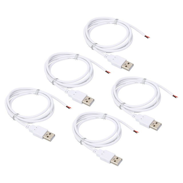 Unique Bargains 1M/3Ft USB 5V 3A Type-C Pigtail Power Cable, 5Pcs 22AWG USB Plug to 2 Pin Wire Open End Connector Plug, White