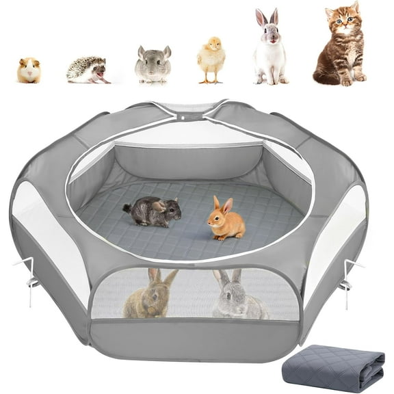 Pawaboo 2-in-1 Small Animals Playpen with Pad, Waterproof Small Pet Cage Tent, Portable Outdoor Yard Fence with 3 Metal Rod for Chick/Kitten/Puppy/Guinea Pig/Rabbits/Chinchillas, Gray