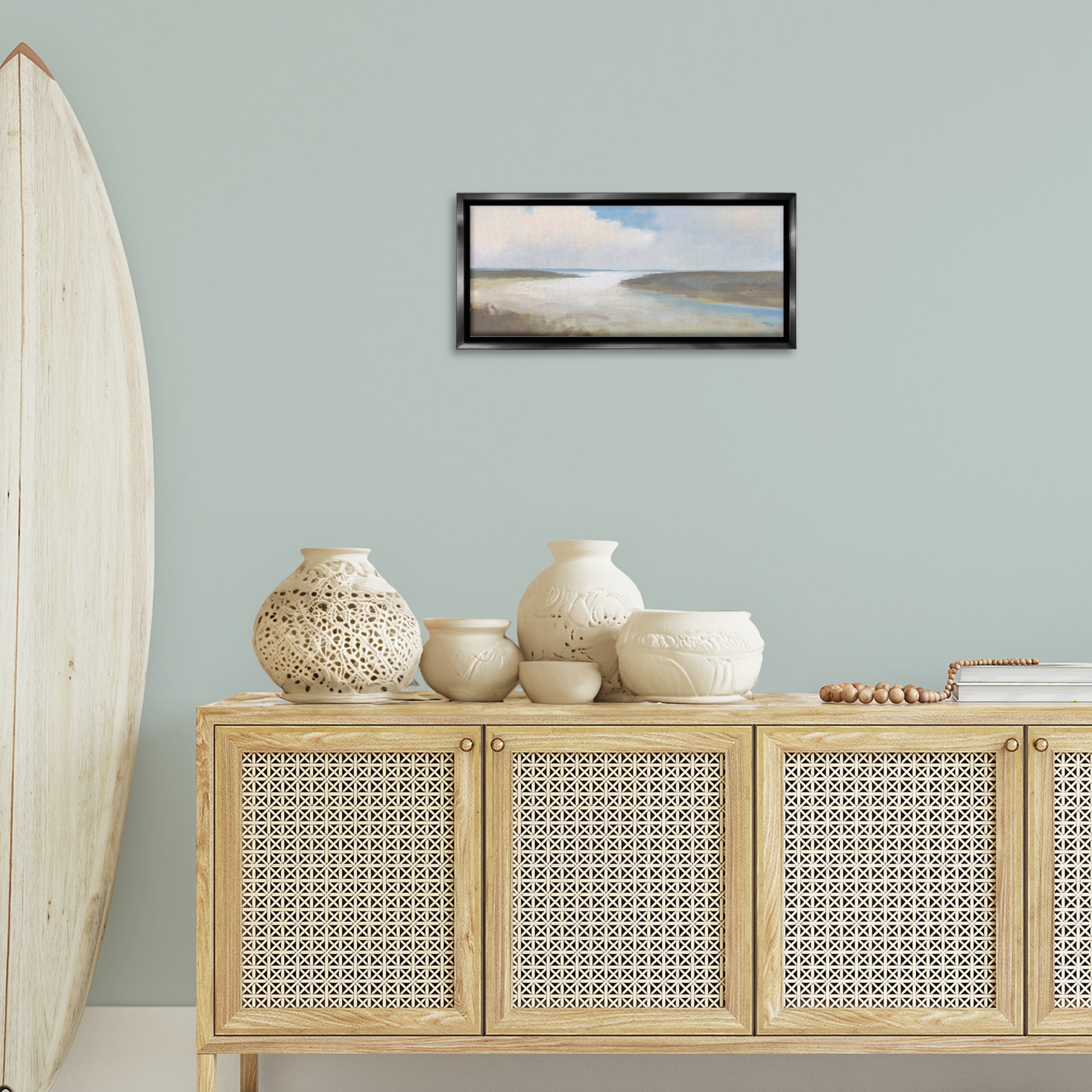 Stupell Industries Soft Coastal Shore Nautical & Beach Painting Black Floater Framed Canvas Art Print Wall Art, 25 x 11