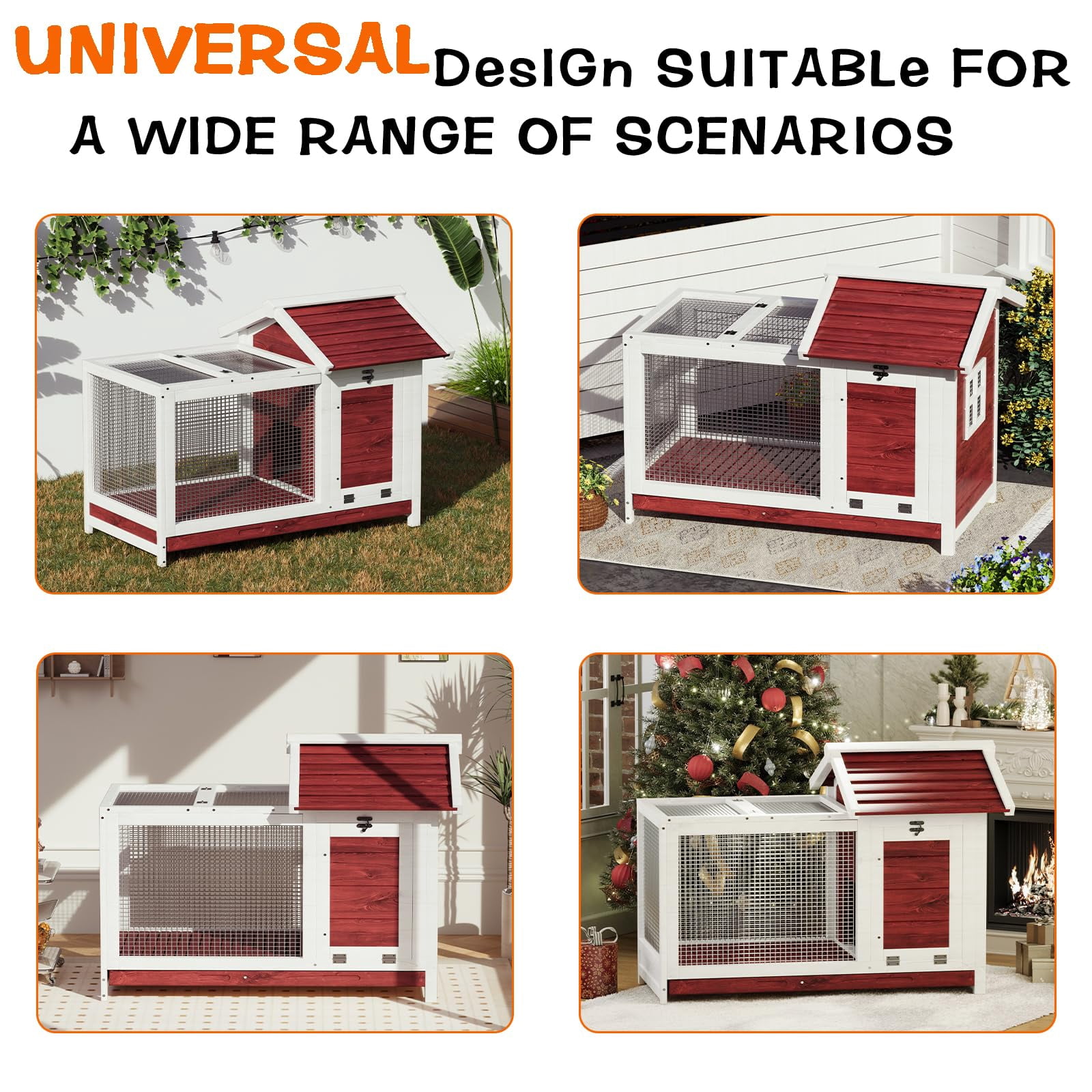 Home Outdoor Wooden Rabbit Hutch, 34'' Indoor Large Rabbit Cage with Nesting Box Chicken Coop Expandable, Weatherproof Bunny Cage with Anti-Chew Metal Frame Ramp for Backyard Small Animals