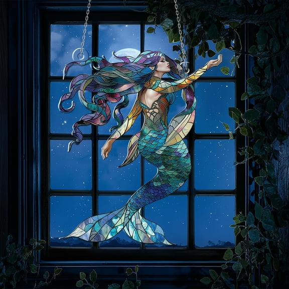 Acrylic Window Hanging, Beautiful Mermaid with Vibrant Tail Stained Glass Style – Ideal Gift for Ocean Lovers, Home Decor
