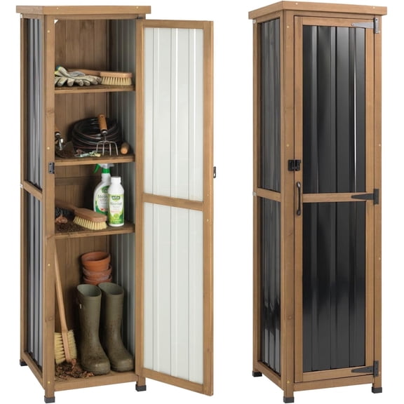 Petsblublu Outdoor Storage Cabinet Weatherproof, Tall Wood Garden Potting Bench Table,Outdoor Patio Cabinet,Brown