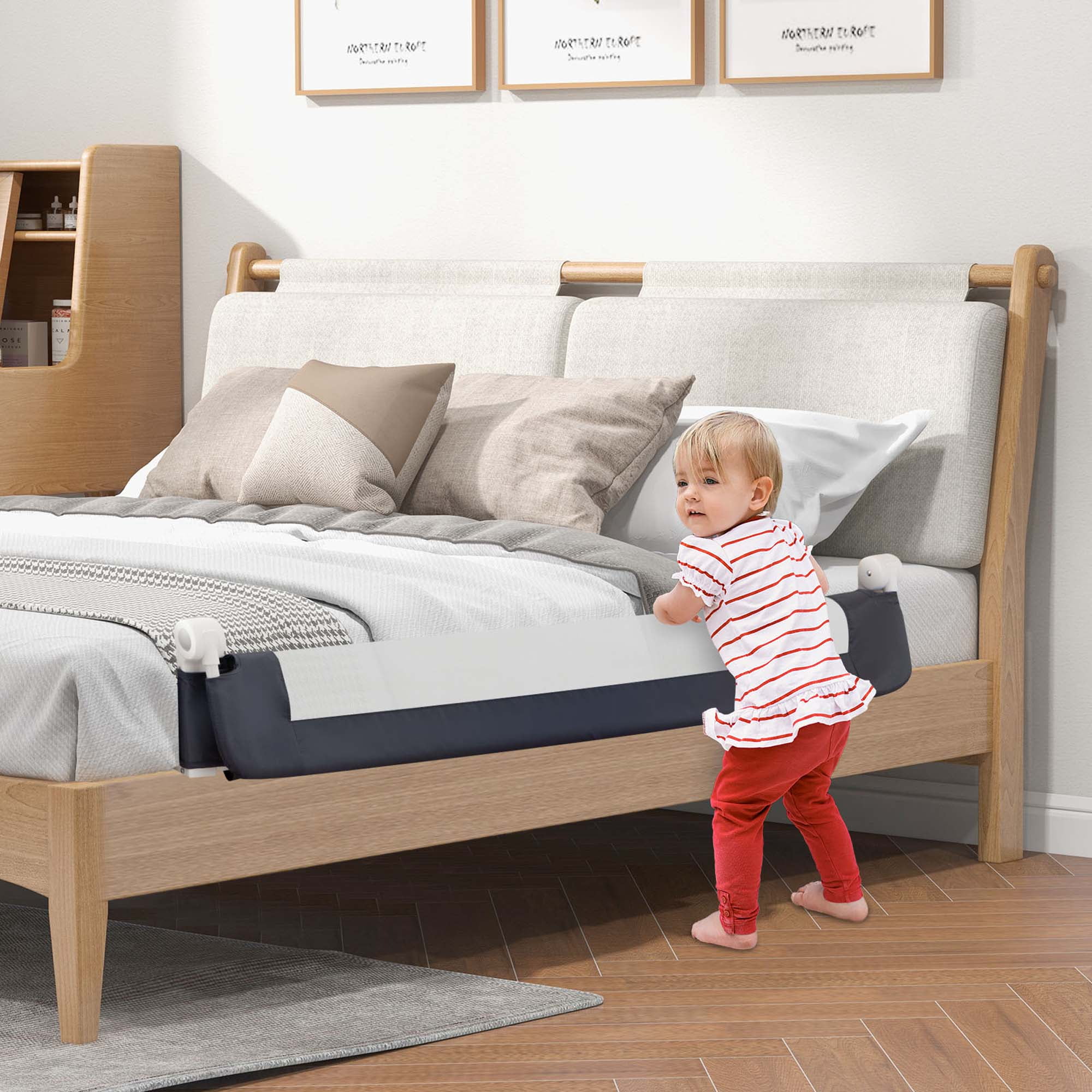 Babyjoy 60" Toddler Foldable Bed Rail with Adjustable Safety Strap Bedrail Guard Gray