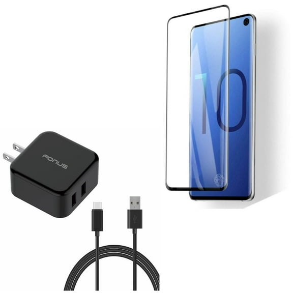 Galaxy S10  30W Quick Home Charger w Tempered Glass Screen Protector - 6ft USB Cable 2-Port USB Power Cord, [Fingerprint Works] 3D Curved Edge Full Cover for Samsung Galaxy S10