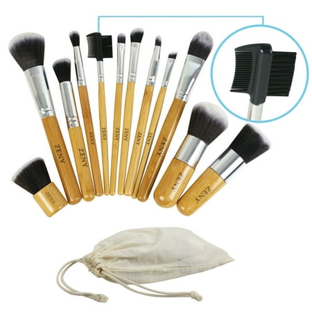 Zeny Makeup Brush Set w/Portable Bag 12 pc Foundation Eyebrow Blusher Eyelash