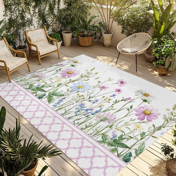 Spring Daisy Outdoor Rug for Patio/Deck/Porch, Non-Slip Large Area Rug 3 x 5 Ft, Pink Moroccan White Wildflowers Country Plants Indoor Outdoor Rugs Washable Area Rugs, Camping Rug Carpet Runner