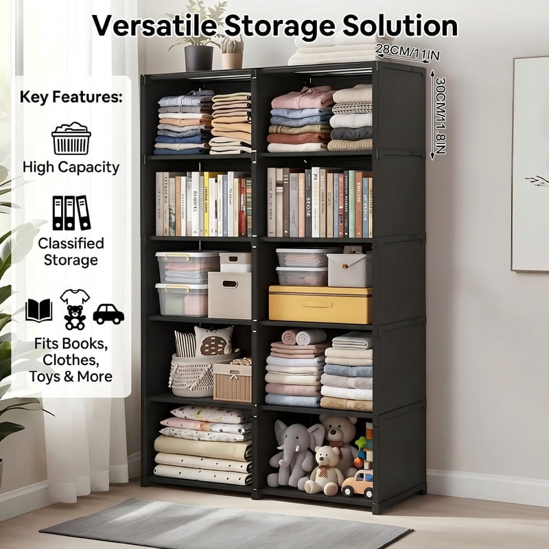 Cube Storage Organizer with Sliding Dustproof Curtain, 5-Tier DIY Freestanding Bookshelf & Closet Wardrobe, Translucent Cover Storage Cabinet for Bedroom, Living Room, Office,Black