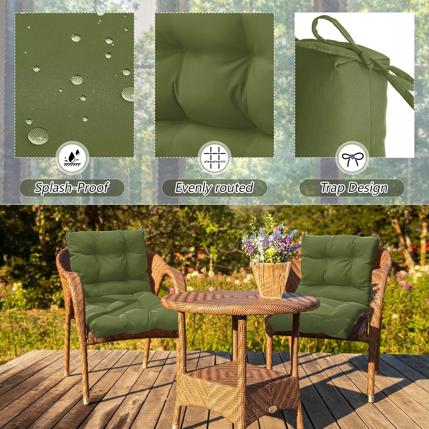 2 Pcs Outdoor Indoor High Back Chair Cushions Patio Furniture Tufted Pillow with Ties Water-Resistant Replacement Outdoor Rocking Chair Cushions, 42 x 21 Inches (Moss Green,Solid Color)