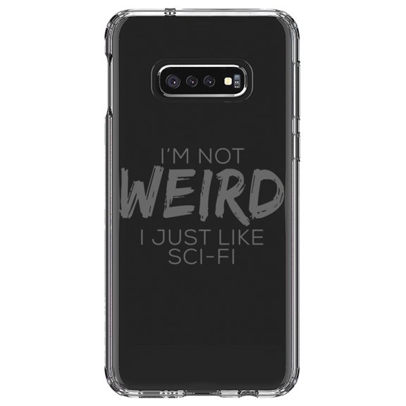 DistinctInk Clear Shockproof Hybrid Case for Samsung Galaxy S10e (5.8" Screen) - TPU Bumper Acrylic Back Tempered Glass Screen Protector - I'm Not Weird, I Just Like Sci-Fi