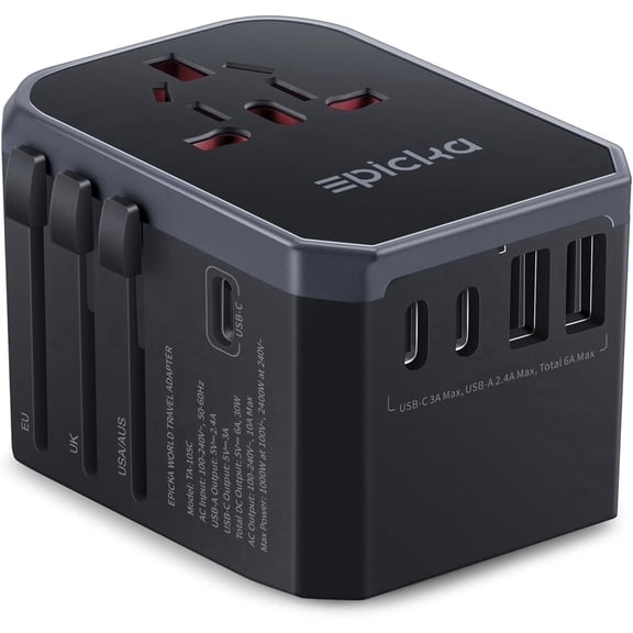 EPICKA Universal Travel Adapter with 3 USB-C & 2 USB-A Ports, International Power Adapter, European Travel Plug Adapter (TA-105C, Black)