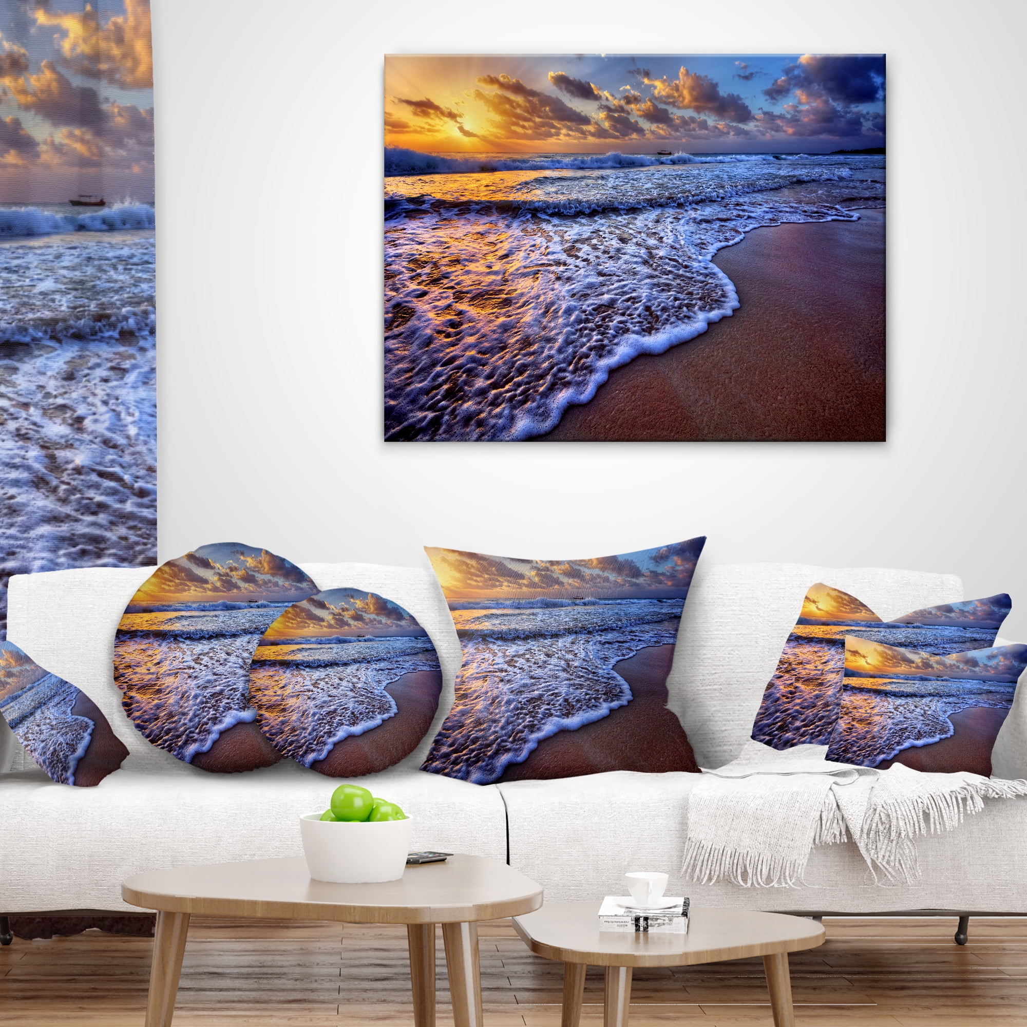 Designart Sunset over Blue Sea Waves - Seashore Throw Pillow - 16x16