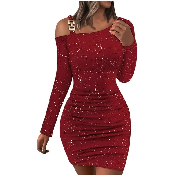asdoklhq Midi Dresses for Women Long Sleeved One Shoulder Casual Solid Color Versatile Gold Velvet Hot Stamping Dress Wine S