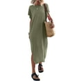 thumbnail image 1 of Lucakuins - Vestido de playa informal de verano para mujer, color sólido, manga corta de murciélago, cuello redondo, vestido dividido Lucakuins  moda, 1 of 8