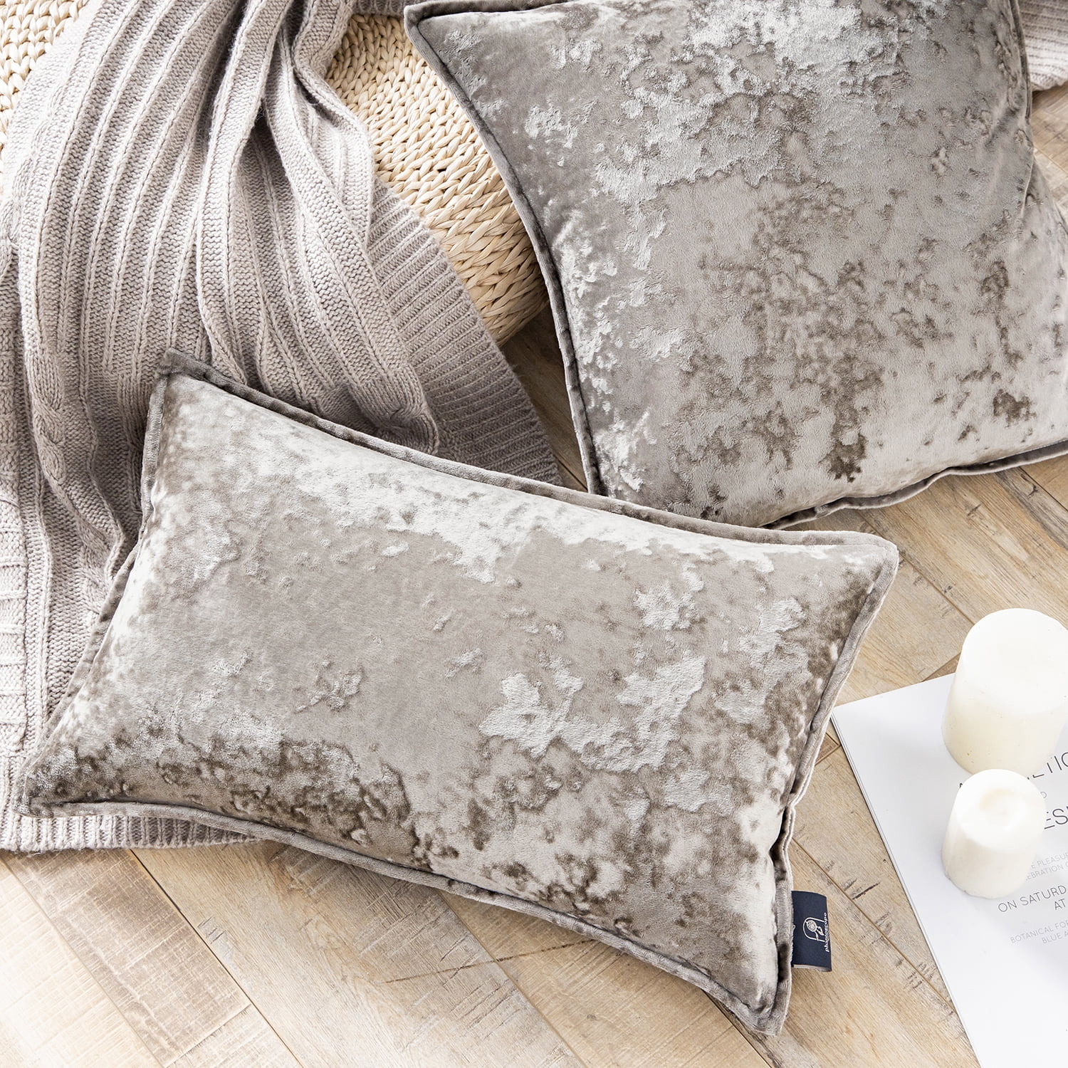 Phantoscope Patterned Velvet Tailored Edge Decorative Throw Pillow, 12" x 20", Gray, 2 Pack