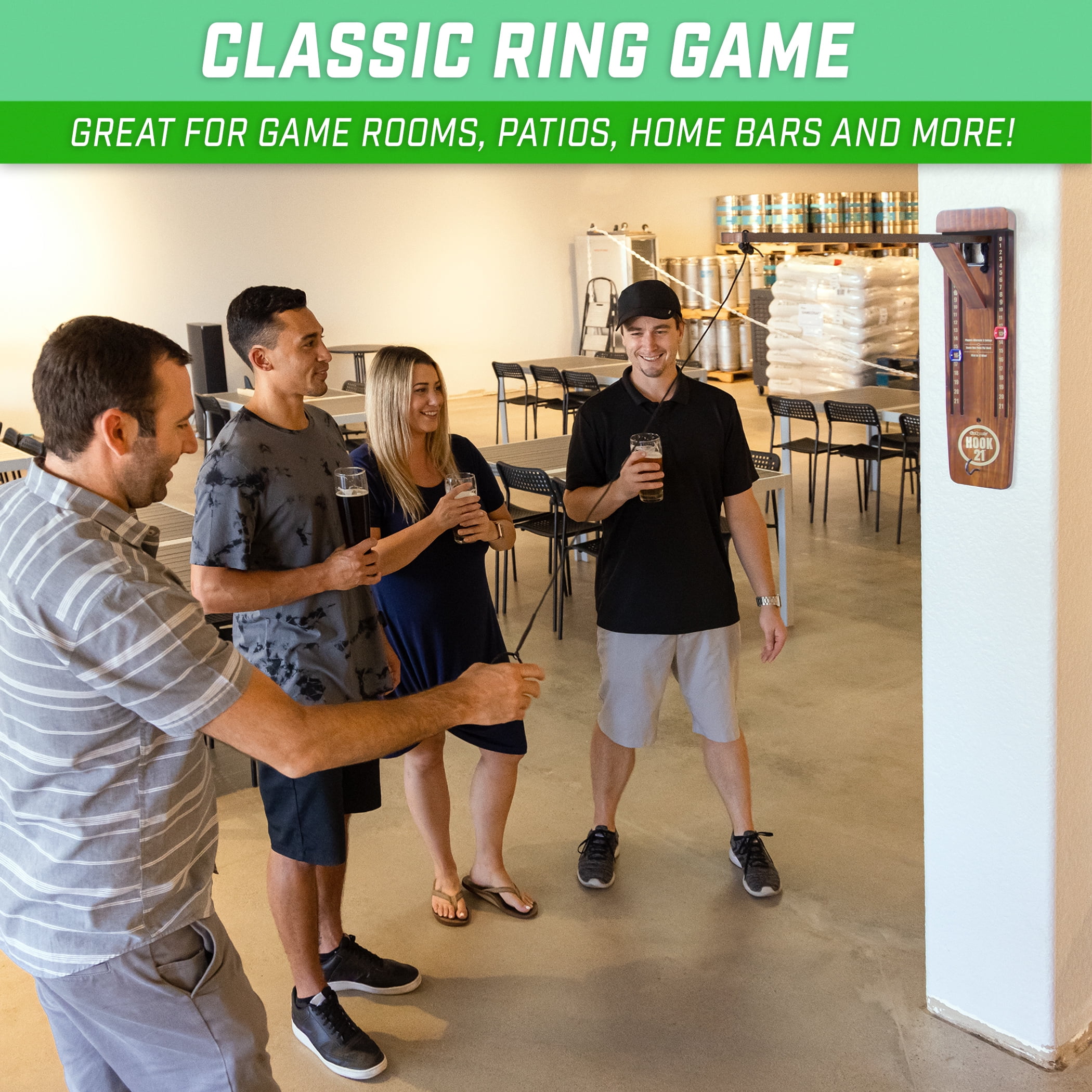 GoSports Hook21 Ring Swing Game - Indoor or Outdoor Ring Toss Game with Foldable Arm - Brown
