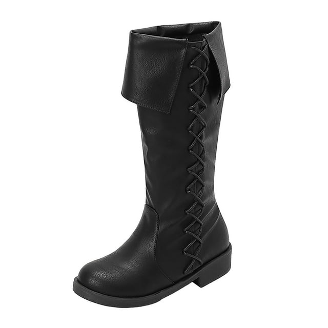 Mid Calf Boots for Women Winter Wide Calf Riding Boots Chunky Block Heel Round Toe Fold Over Cowboy Boot