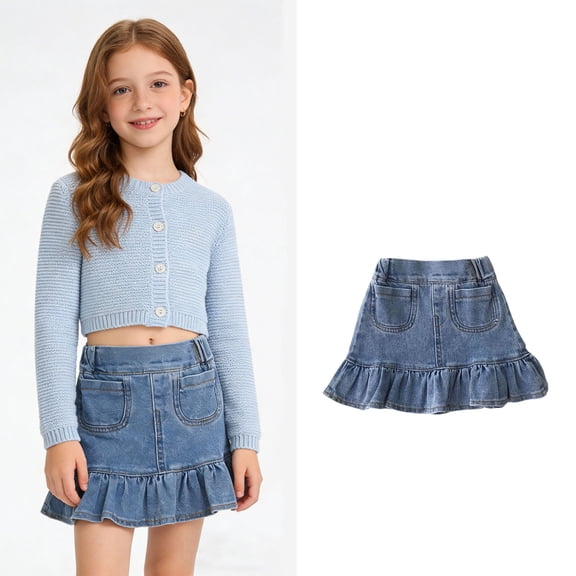 Toddler Jean Skirt Girls Elastic Waist Mini Ruffle Denim Skirt Cute Denim Skirt Girls Summer Clothes Skirt Kids 2-3 Years
