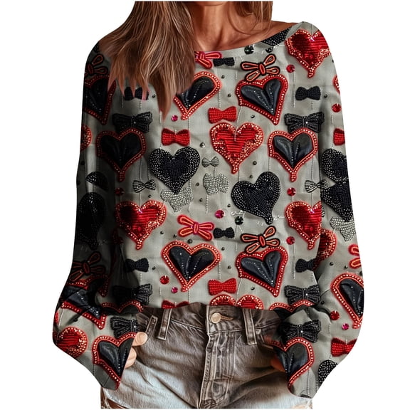 Tbopshirt Womens Tops Long Sleeve Batwing Crew Neck Valentine's Day Graphic Off The Shoulder Casual Pullover Gray,L