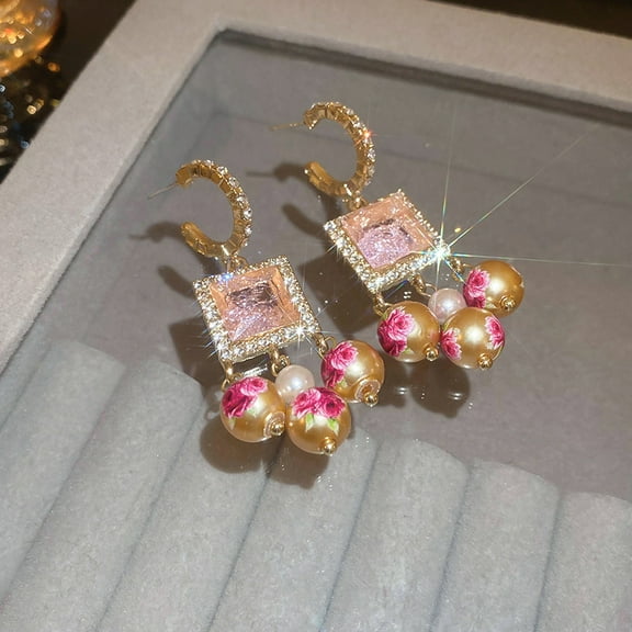 LunaGlo French Rose Leaf Pendant Pearl Earrings Fashionable Elegant Earrings for Women