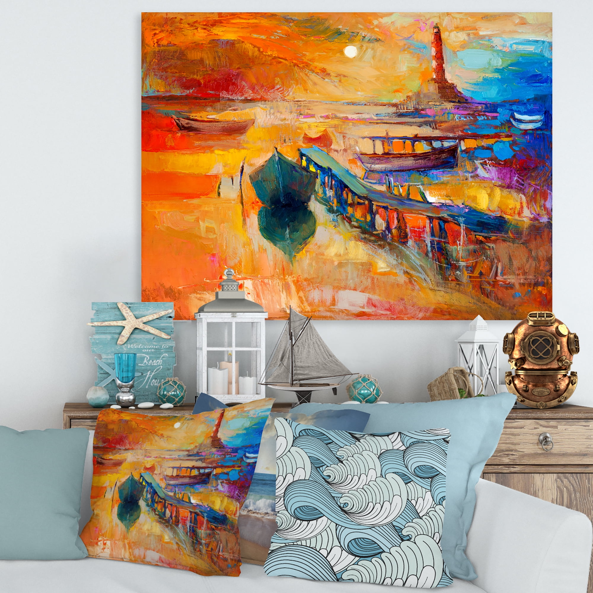 Designart ' Boats Near Coastal Town Resting On The Water III ' Nautical & Coastal Canvas Wall Art Print