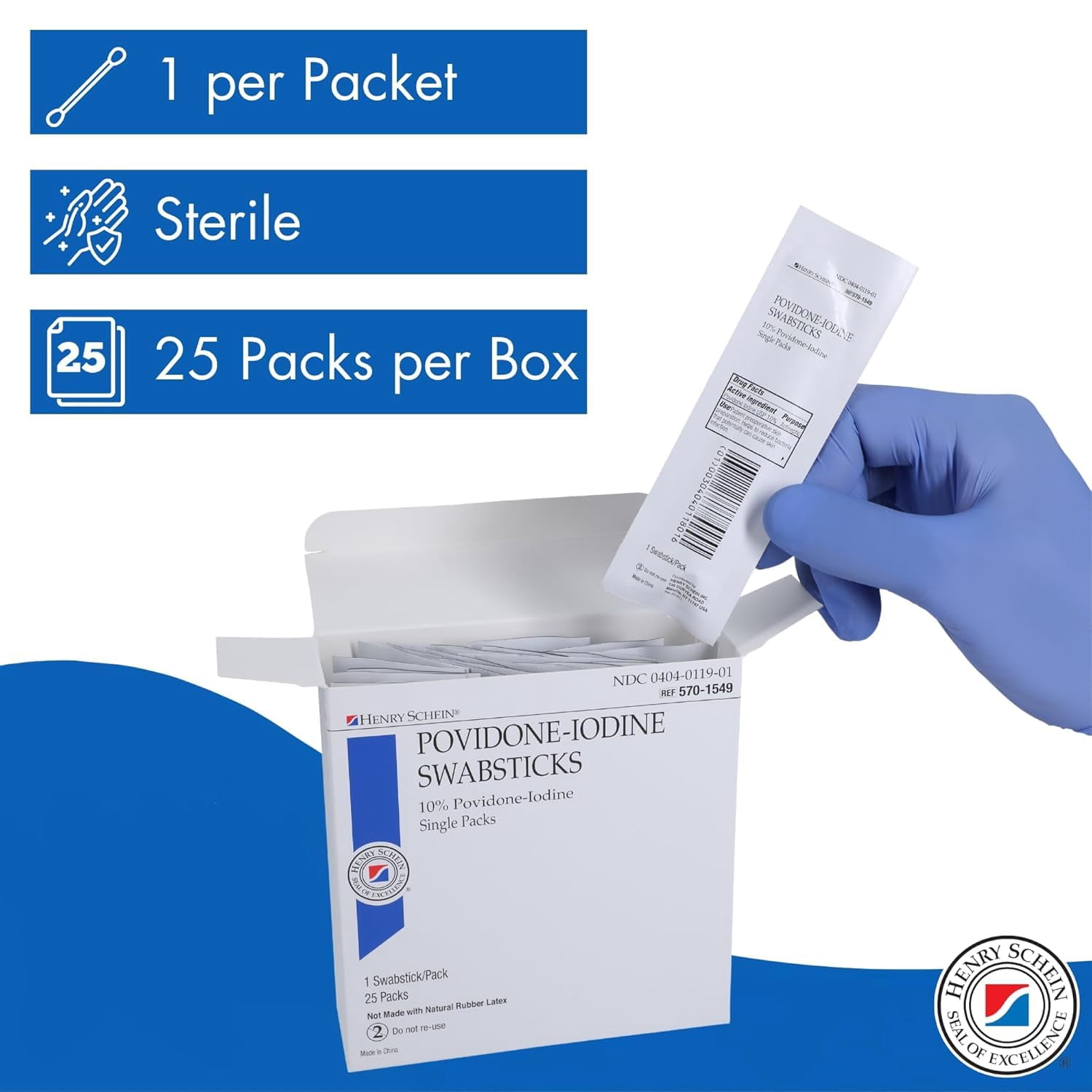 Henry Schein Prep Povidone-Iodine Swabsticks 1's- Sterile, Antiseptic for Skin Preparation, Individually Packed, 10% Povidone-Iodine, 25 Packs per Box - 20 Boxes