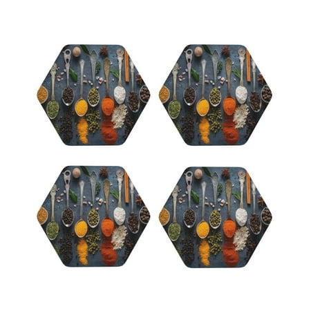 

Fuzoiu Various Herbs And Spices In Spoons Print Leather Coasters Set Drink Coasters Set of 4 for Tabletop Protection Durable PVC Coasters Home Décor and Housewarming Gift-Hexagon