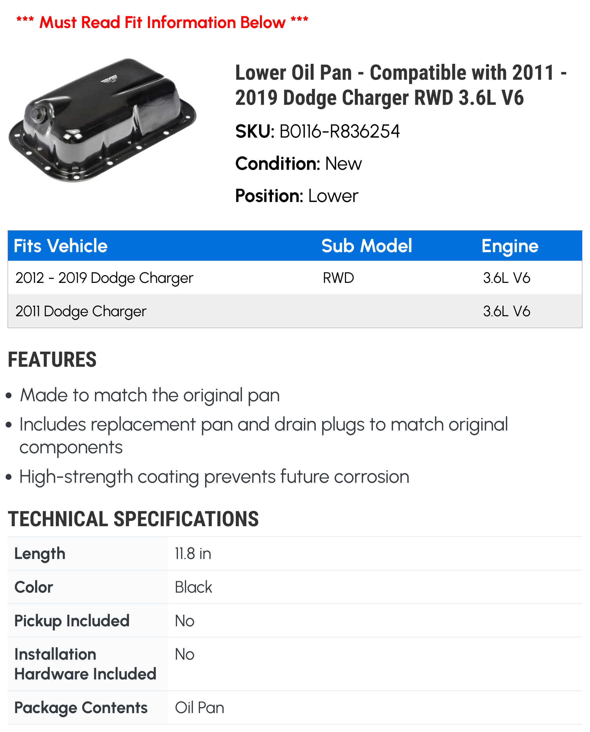 Lower Oil Pan - Compatible with 2011 - 2019 Dodge Charger RWD 3.6L V6 - Dorman