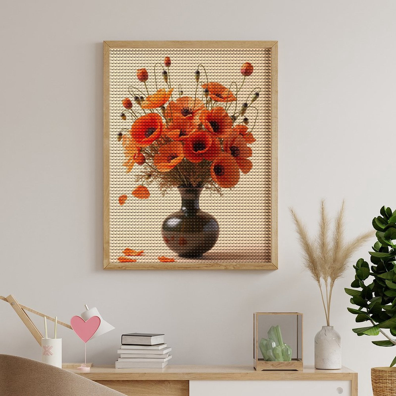 Diamond Art Kits for Adults, Bright Orange Poppies In Vase 5D Diamond Painting Kits for Adults Beginners, DIY Full Drill Diamond Painting, Gem Art and Crafts 12x16