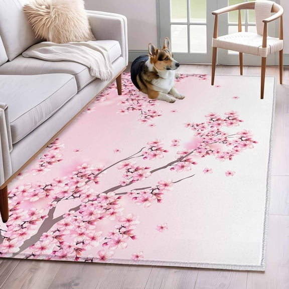 Cherry Blossom Area Rug 4x6 Washable Rug Non Slip Gradient Tree Pink Flower Plant Large Area Rug Indoor Floor Carpet for Entryway Bedroom Kitchen Living Room Home Office Dining Room Nursery