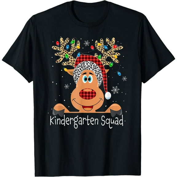 Kindergarten Squad Plaid Reindeer Santa Teacher Christmas T-Shirt,Black