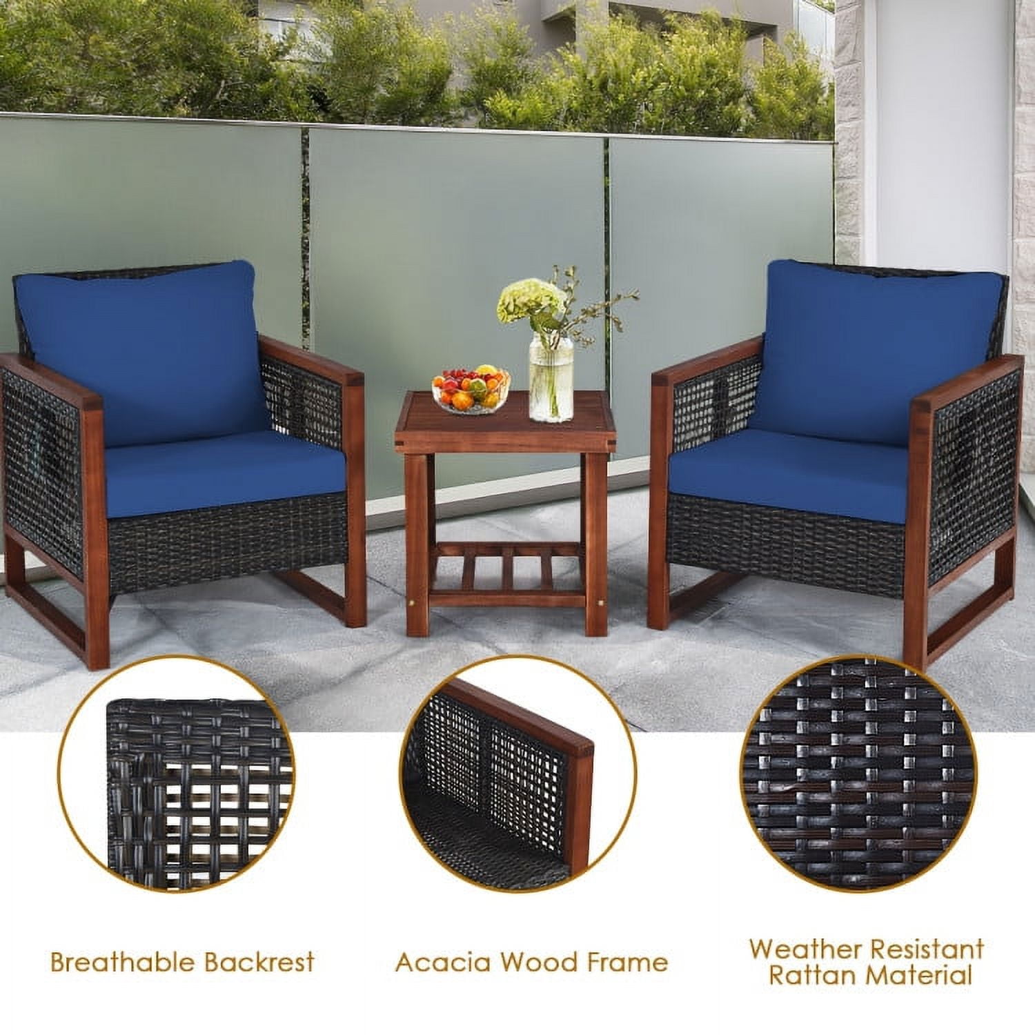 Aimee Lii 3 Pieces Patio Rattan Furniture Set with Washable Cushion and Acacia Wood Tabletop, Small Patio Set, Navy Aimee Lii 3 Pieces Patio Rattan Furniture Set with Washable Cushion and Acacia Wood Tabletop, Small Patio Set, Navy