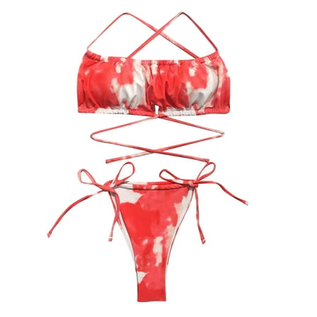 Womens Sexy Thong Bikini Set Swimsuit Tie Dye Bandeau 2 Piece Ruched Bathing Suit Tie Side Bikini Bottoms Swimwear
