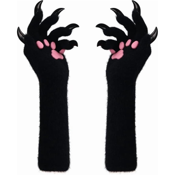 Animal Paw Gloves Halloween Cosplay Costume Accessory, Plush Cat Bear Fox Wolf Dog Claw Mittens for Adults Teens, Black (1 Pair, Black)