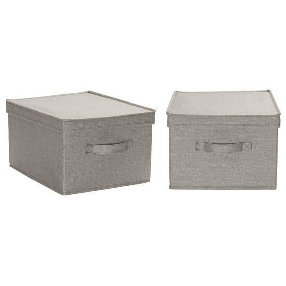 Household Essentials Large Fabric Storage Bins 2 Pack, Soft Poly Linen with Sturdy Sides, Attached Handle and Fully Removable Lid, Gray