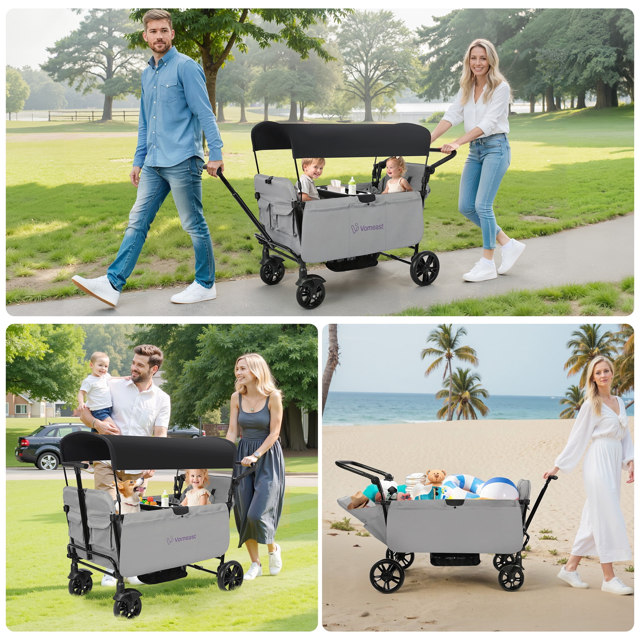 Vomeast Wagon Stroller for Kids,Spacious 2-Seater Stroller Wagon with Adjustable Canopy,Pull & Push Handle,5-Point Harness,Foldable for Toddlers, Grey