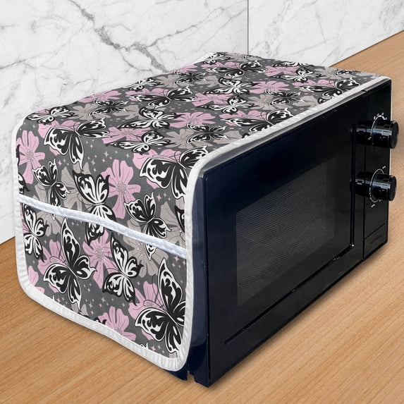Butterfly Microwave Oven Cover, Ornamental Romantic Summer Vegetation Vibrant Backdrop Monochrome Animals, Water Resistant Organizer with Pockets for Kitchen, 36" x 12", Taupe Pink Black, by Ambesonne