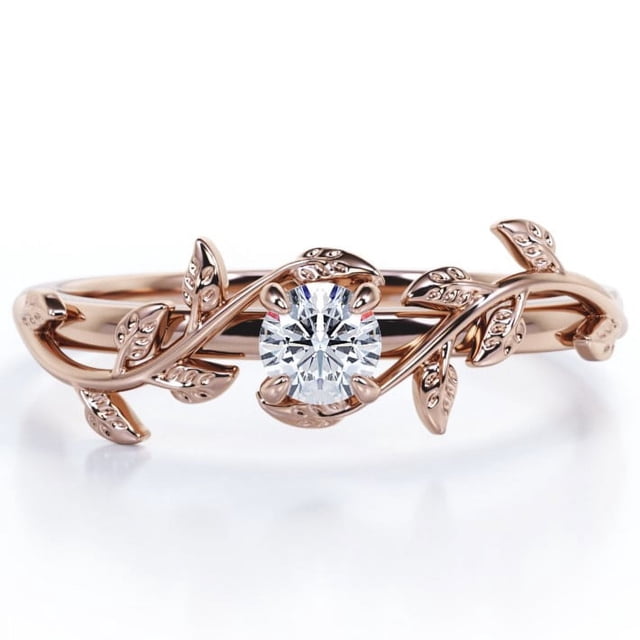 JeenMata Anillo de Compromiso con Diseño de Hoja de Árbol de Moissanita Redonda con Bisel Solitario de 0,5 Quilates en Baño de Oro Rosa de 18 K sobre Plata