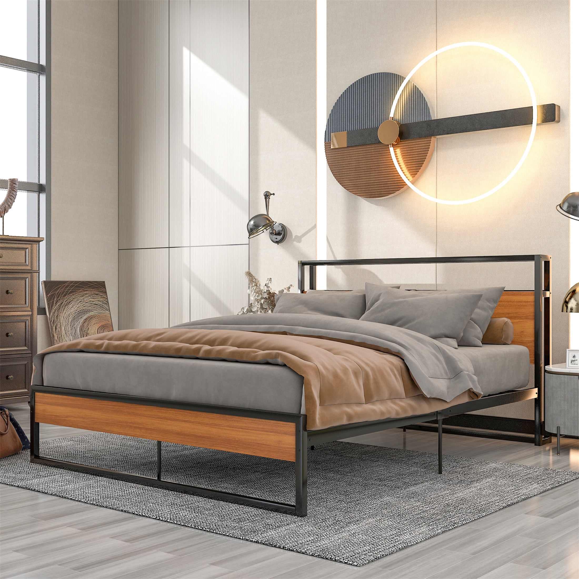 Aukfa Metal Queen Size Bed Frame with 2-Tier Storage Headboard Shelf, 2 USB Ports, Brown
