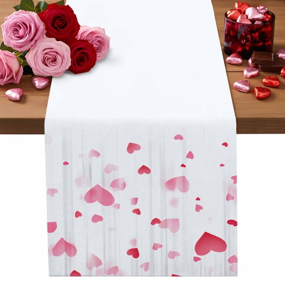 Valentine's Day Cotton Linen Table Runner Romantic Pink Falling Love Dreamy Gradient Heart Dining Table Runners for Home Decor Party Dining Room Restaurant Kitchen Party 13" x 72"
