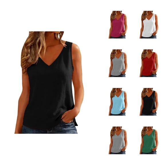 Tank Tops for Women Cotton Linen Lightweight V Neck Plain Casual Sleeveless Shirt Summer Outfits