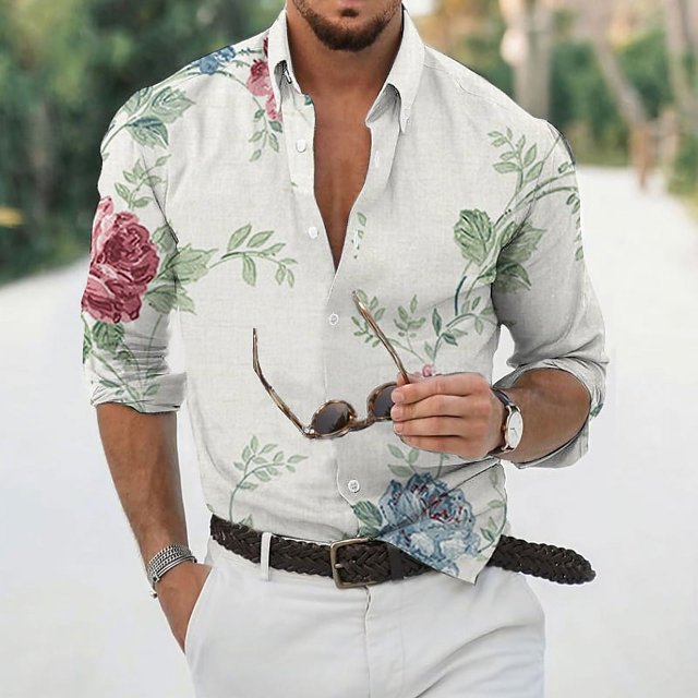 Camisa para hombre , informal, de calle, para exteriores, para uso diario, otoño e invierno, camisa floral de manga larga, suelta y cómoda, impresión 3D