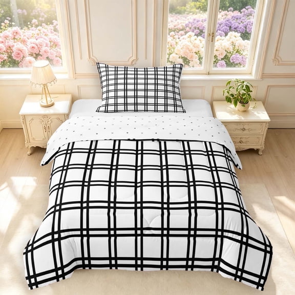 Manfei Modern Plaid Twin Comforter Sets,Contemporary Checkered Bedding Set,White Black,Reversible,2pcs,1 Comforter and 1 Pillowcase,2pcs,1 Comforter and 1 Pillowcase