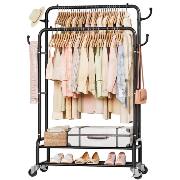 Enogets Heavy Duty Double Rod Garment Rack, Rolling Clothing Racks for Hanging Clothes with Shelves & Wheels, Black