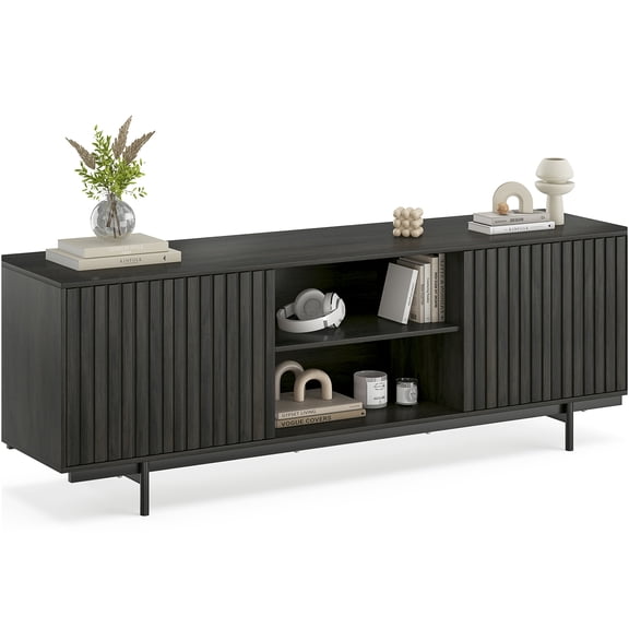 JERFIT 75 inch TV Stand with Pop-Up Doors, Mid Century Modern Entertainment Center with Storage Shelves, Farmhouse Retro Fluted Design for Living Room, Bedroom, Black
