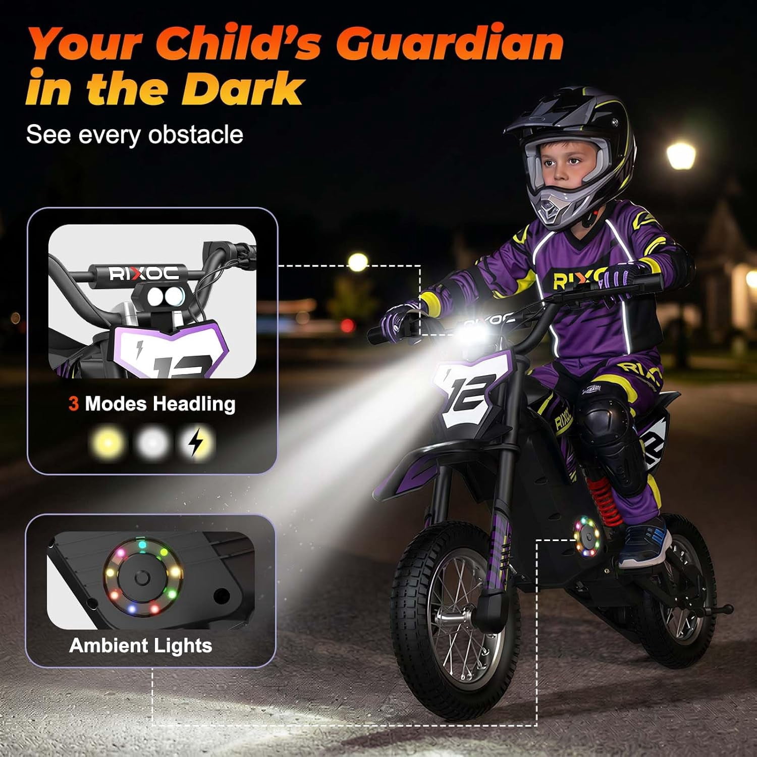 RIXOC DK-12 Electric Dirt Bike,3 Speed Modes up to 15.5 mph, 36V 5.2Ah Peak 700W Max 14Miles Electric Motorcycle for Kids Ages 3-8 UL2272