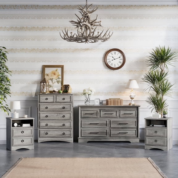 Holliwill Dresser Nightstands Set, 4 Pieces Bedroom Furniture Set, Wide 7 Drawer Dresser, Tall 6 Drawer Dresser and 2 Drawer Nightstand, Rustic Grey