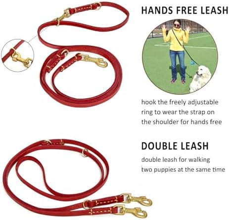Multi Function 8ft Genuine Leather Hands Free Dog Training Leash for Puppy Small and Medium Dogs (8 Foot*3/8 inch, Red)