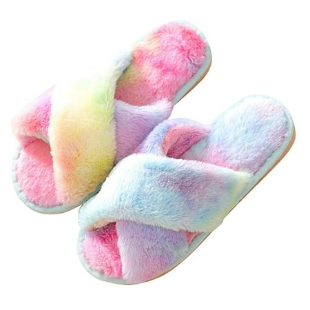 

Dragonus Women Plush Furry Cross Band Open Toe Slippers Sandals Faux Fur Comfy Flat Slides Shoes