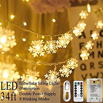 80LED Christmas Snowflake String Light Fairy Lights,8 Modes Remote Control & USB Battery Operated for Indoor Outdoor,Party, Wedding, Garden, Festival Decoration (Warm White)