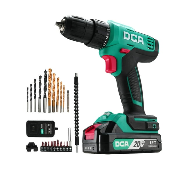 DCA - Juego de brocas inalámbricas, par de torsión de 336 pulgadas, mandril sin llave de 3/8 pulgadas, taladro eléctrico con batería y cargador de 2.0 Ah, posición 18+1, kit de destornillador de 25